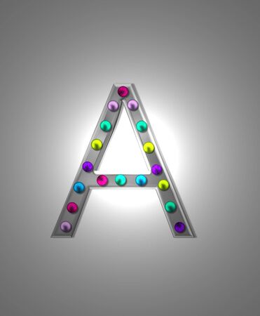 The letter A, in the alphabet set "Metal Marquee", is grey metal illuminated by multi-colored light bulbs.  Background is grey with glowing white light.の写真素材