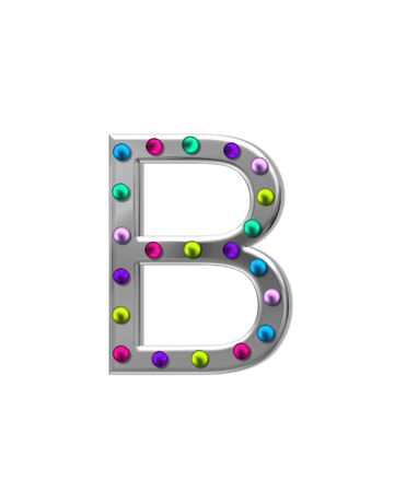 The letter B, in the alphabet set "metal marquee", is silver with colorful lightbulbs in multi-colors.の写真素材