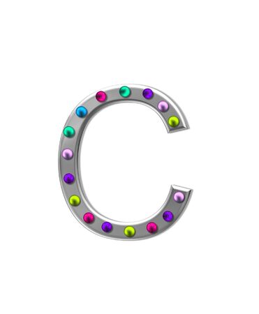 The letter C, in the alphabet set "metal marquee", is silver with colorful lightbulbs in multi-colors.の写真素材