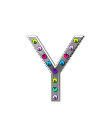 The letter Y, in the alphabet set "metal marquee", is silver with colorful lightbulbs in multi-colors.の写真素材