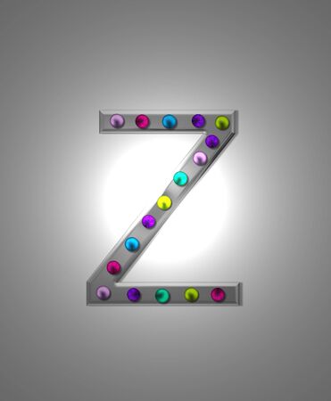 The letter Z, in the alphabet set "Metal Marquee", is grey metal illuminated by multi-colored light bulbs.  Background is grey with glowing white light.の写真素材