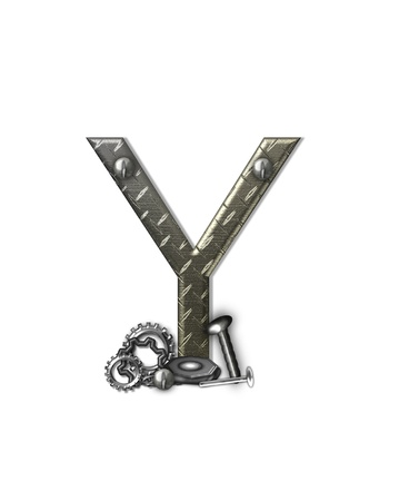 The letter Y, in the alphabet set "Metal Shop", is a chrome colored letter with etched texture.  Letter is decorated with nuts, bolts and screws.  Top of letter has rivets.の写真素材