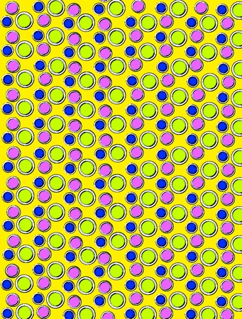 Background image is filled with circles and dots.  White border encircles each polka dot.  Ink...