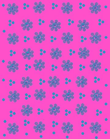 Pink background is covered in ink outlined flowers and dots.  Flowers are basic shapes and polka...