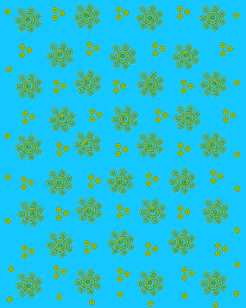 Blue background is covered in ink outlined flowers and dots.  Flowers are basic shapes and polka...