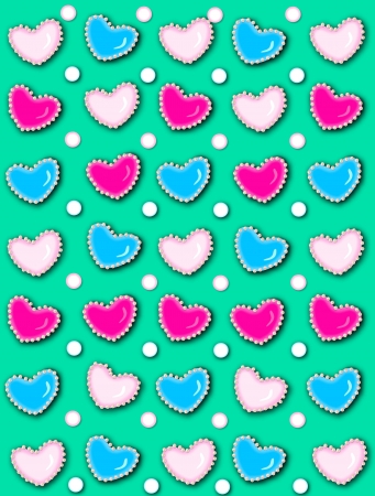 Turquoise background has 3D hearts surrounded by tiny, cream colored pearls.  White polka dots are...