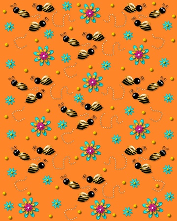 3D bumble bees flit from one 3D flower to another leaving a trail of pearls  Background is soft orange の写真素材