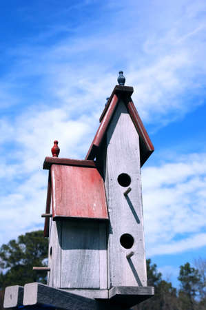 Russian Orthodox influenced birdhouse is composed of rough hewn wood, colorful red roof and cupola style roof decorations.  Birdhouse sits in garden area of the Riverbanks Zoo and Garden.の写真素材