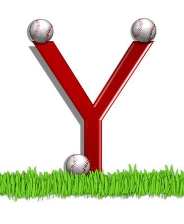 The letter Y, in the alphabet set "Baseball," is red.  Three baseballs decorate 3D letter.  All sit in a field of green grass.の写真素材