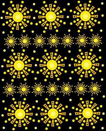 Rows of geometricly shaped snowflakes drift from a black background sky.  Polka dots, in yellow, decorate each flake and float like confetti across image.の写真素材
