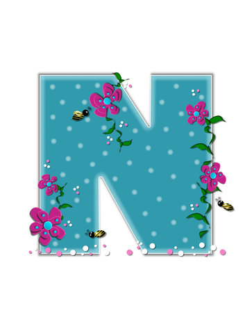 The letter N, in the alphabet set "Garden Buzz," is aqua.  Each letter is decorated with soft polka dots, flowers and buzzing bees.  Base of letter is covered in pink and white confetti.の写真素材