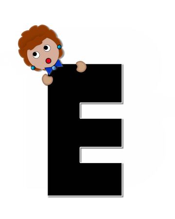 The letter E, in the alphabet set "Childlike Expressions," is black and outlined with white.  Children peek around edges of letters with a collection of different smiles and expressions.の写真素材