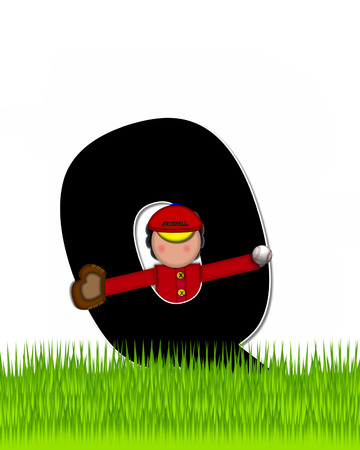 The letter Q, in the alphabet set "Children Baseball" is black and trimmed with white.  Child is playing baseball in a field of green grass.  Equipment includes bat, ball and glove.の写真素材