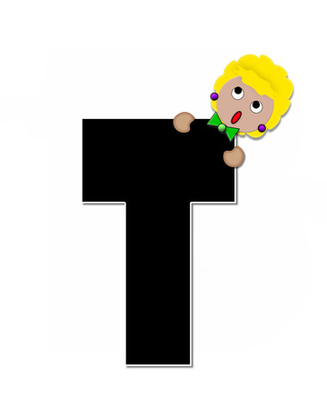 The letter T, in the alphabet set "Childlike Expressions," is black and outlined with white.  Children peek around edges of letters with a collection of different smiles and expressions.の写真素材
