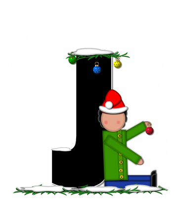 The letter J, in the alphabet set "Children Christmas Ornaments," is decorated snow and pine boughs.  Child has Santa Claus hat nad decorates leter.の写真素材