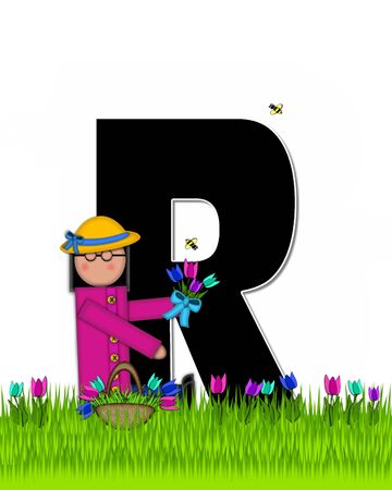 The letter R, in the alphabet set "Children Tulip Patch" is black outlined with white.  Children hold tulip bouquet and stand in colorful tulip patch.の写真素材