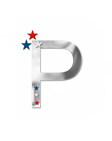 The letter P, in the alphabet set "Plain Patriotism" is silver metalic.  Three stars decorate letter with red, white and blue.  Letters coordinate with Alphabet Patriotism.の写真素材