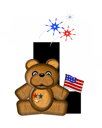 The letter L, in the alphabet set "Teddy 4th of July," is black.  Brown teddy bear holds American flag.  Fireworks in red, white and blue explode around him.の写真素材