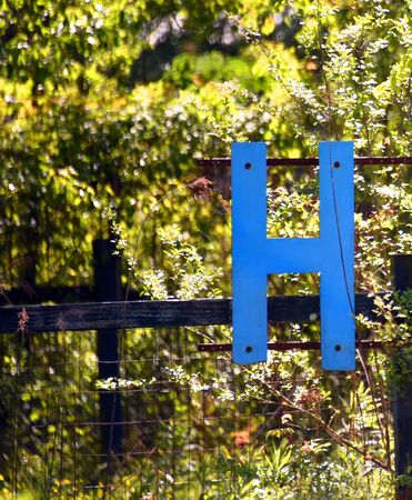 A blue letter His mounted on a rustic fence with a background of trees and leaves.の写真素材