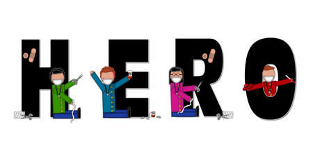 Graphic sign spells Hero.  Sign salutes all health care workers whether physician, nurse or aide.  Black letters with graphic decorations on white background.の写真素材