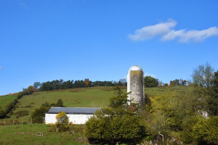 Blue sky sits over small farm with white barn and silo.  Appalachian Mountain rises in back with a small line of trees.の写真素材