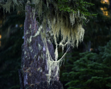 Hanging moss, or old mans beard moss, hangs from tree in Oregon.
