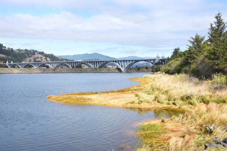 Rogue River Bridge, also known as Isaac Lee Patterson Bridge, is on the National Register of Historic Places.  It is a concrete bridge with arches and a Art Deco design.の写真素材