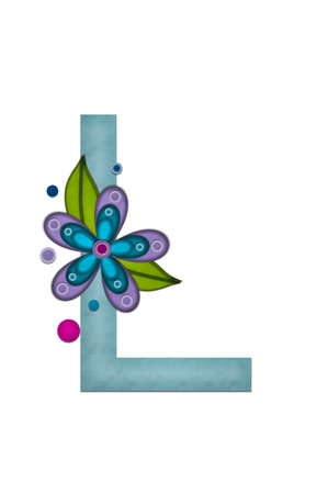 Teal colored letter L, paper style letters are decorated with colorful flowers.  Circles and polka dots are sprinkled on letter.の写真素材