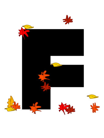 The letter F, in the alphabet set "Autumn Falling" is black.  It is decorated with colorful Autumn leaves in orange, yellow red and burgundy.の写真素材