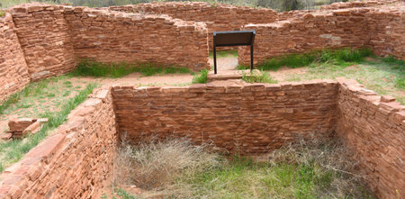 Inside walls, composed of red sandstone, shows frame work of rooms inside the Quarai Mission and Convent.の写真素材