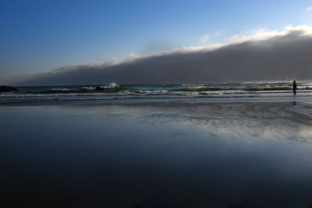 Lone fisherman stands knee deep in surf fishing.  Sun is setting and dark blue of sky is reflected on wet sand.  Horizontal shot including horizon.の写真素材