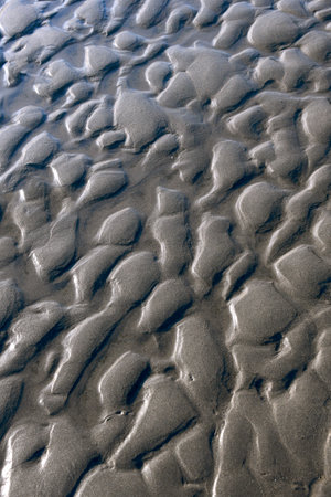 Closeup image shows tuffs of sand formed by the receding tide on Bandon Beach in Oregon.