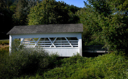 Sandy Creek Covered Bridge, which spans Sandy Creek in Oregon, is visited by a man who playfully...