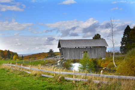 A. M. Foster Covered Bridge is located in Cabot, Vermont.  It spans a small pond and is weathered...