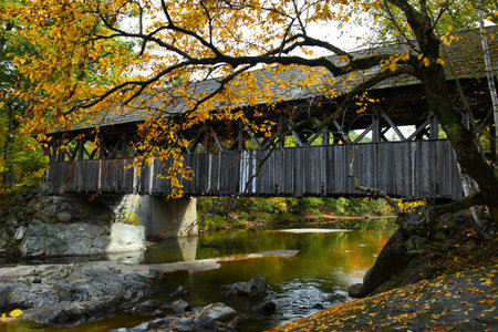 One of the few 19th Century covered bridges, Sunday River Bridge is a rustic, wooden stucture...