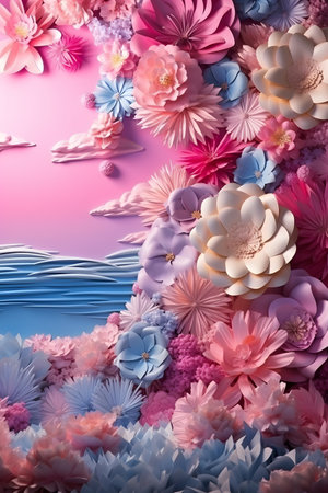 Paper flowers on pink background. 3d rendering, 3d illustration.の素材