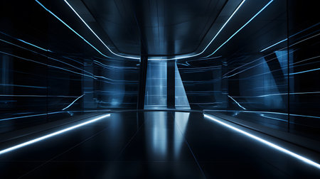 Futuristic dark corridor with glowing lights, 3d render illustrationの素材