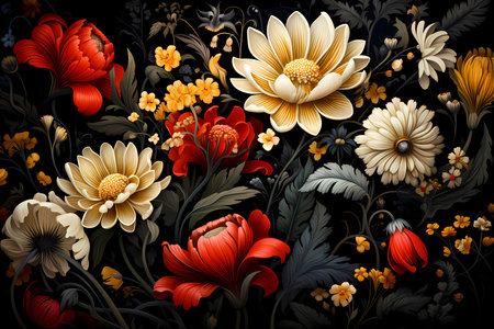 Beautiful floral pattern with flowers and leaves on black background. Vector illustration.の素材