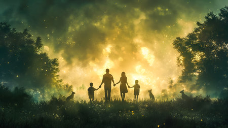 Silhouette of a happy family walking in the forest at sunsetの素材