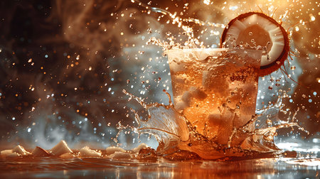 Cocktail with ice and splashes of water on a dark backgroundの素材