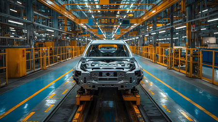 Automobile production line. Car factory interior. Automotive industry backgroundの素材