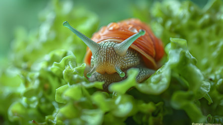 Snail crawling on the green leaf of a salad in a gardenの素材