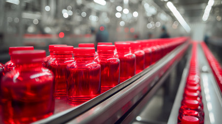 Red plastic bottles on conveyor belt in modern factory. Industrial backgroundの素材