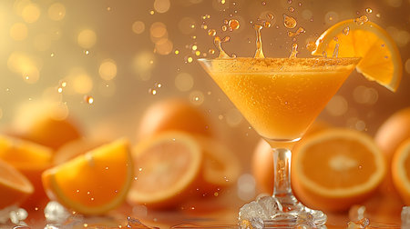 Cocktail with orange juice and ice splashes on orange backgroundの素材