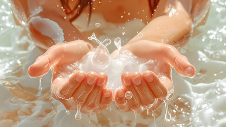 Close-up of woman's hands with soap bubbles in water.の素材