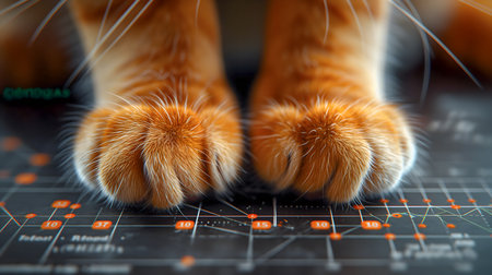 Close up of ginger cat's paw on stock market chart background.の素材