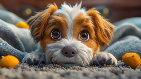 Cavalier King Charles Spaniel puppy is lying on the floor.の素材