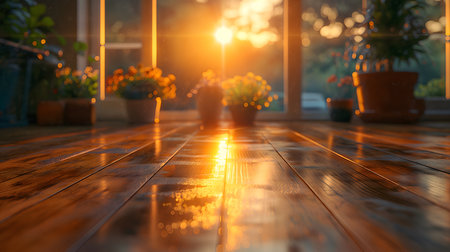 Sunset in the terrace of a house with wooden floors.の素材