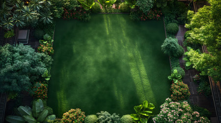 Top view of garden with green grass and flowers. 3d renderingの素材