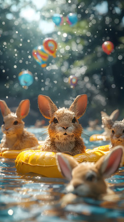 Rabbits swimming in the swimming pool with colorful balloons in backgroundの素材
